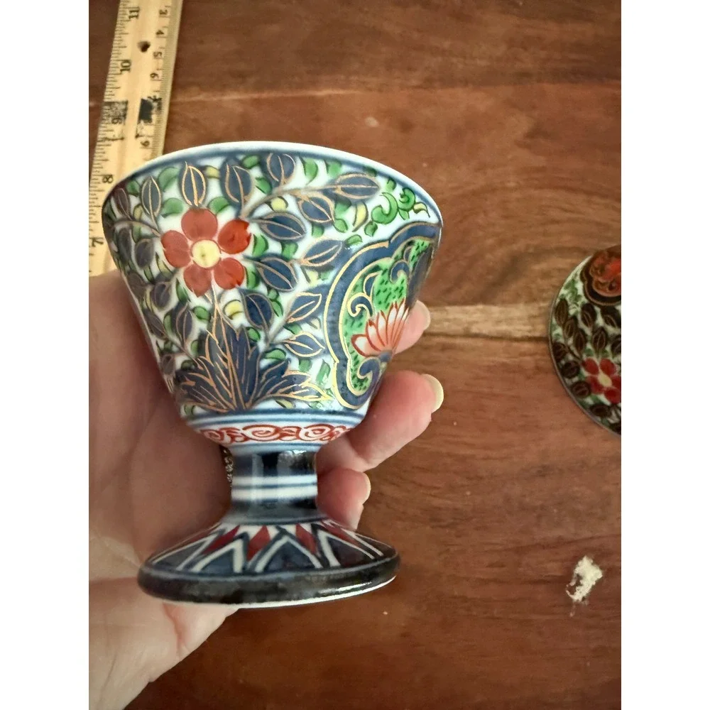 Vintage Japanese Imari Porcelain Sake Cups Set -2 Hand Painted Gold Gilt Footed
